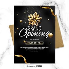 an elegant grand opening card with gold stars and streamers on a black marble background