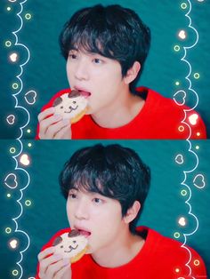 two pictures of a young man eating food