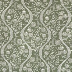 a green and white wallpaper with an intricate design on the front, in shades of grey