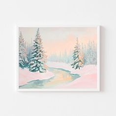 a painting on a wall with trees and snow in the foreground, against a white background