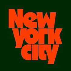 the words new york city are in red and black letters on a dark green background