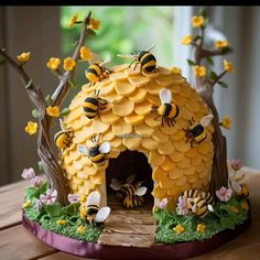 a cake made to look like a beehive