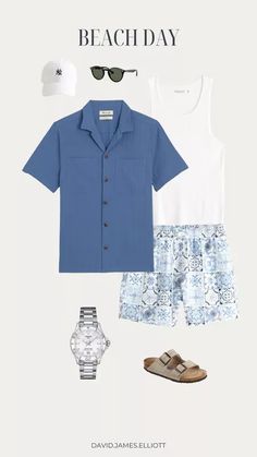 This blue and white beach outfit for men is an elevated look that is perfect for your next summer vacation or day by the pool! Shop the links here! Blue Outfit Aesthetic Men Summer, Formal Vacation Outfits Men, Summer Vacation Outfits Men, Summer Male Outfits, Beach Outfit Ideas For Men, Hosting Outfits, Beach Boy Outfits, Male Beach Outfit, Beach Fits Men