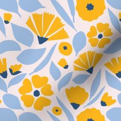 yellow and blue flowers are on a white background with light blue leaves in the center