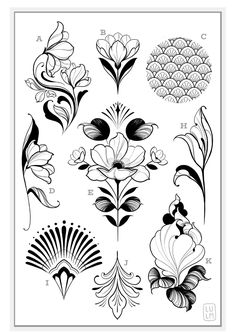 some flowers and leaves are drawn in black ink on a white paper with the words, flower