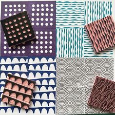 four different patterns are shown with chocolates in the middle one is pink and blue