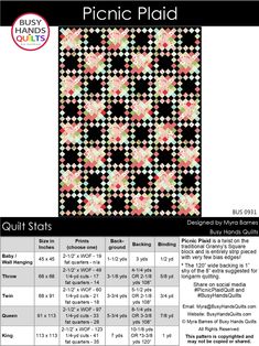 The Picnic Plaid quilt pattern is a modern version of the Granny's Square quilt block, made modern with strip piecing and very few bias edges. Picnic Plaid Quilt Pattern Features:      +  Use jelly roll strips, fat quarters, or 1/4-yard cuts      +  Includes 5 sizes - Baby, Throw, Twin, Queen, and King.  Quilt Sizes and Fabric Requirements are shown in the images.      +  Entirely strip pieced for a quick finish without very many bias edges      +  Skill Level:  Intermediate This listing is for Plaid Quilt Pattern, Quilt Size Charts, Granny Square Quilt, Wall Hanging Quilt, Strip Piecing, Baby Throw, Plaid Quilt, The Picnic, Jelly Rolls