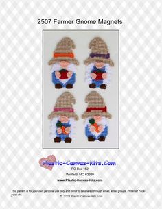 four gnomes with hats and hearts are shown in the pattern for this applique