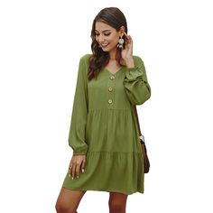 Green Button Up Long Sleeve Casual Dress Ruffles Fashion, Long Sleeve Casual Dress, Long Sleeve Short Dress, Smock Dress, Babydoll Dress, Knee Length Dress, Sleeve Dress, Print Dress, Casual Women