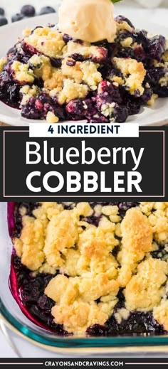 blueberry cobbler with ice cream on top and the title overlay reads ingredient blueberry cobbler