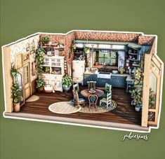 a cutout of a kitchen and living room with plants on the table, potted plants in pots