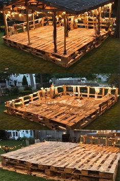 some kind of wooden structure with lights on it in the middle of two different pictures