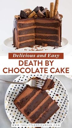 A cake for chocolate lovers! Death by Chocolate Cake contains four layer of rich chocolate cake frosted with decadent chocolate buttercream and topped with melted chocolate. Learn how to make this rich layered chocolate cake recipe here. Best Layered Cake, Most Chocolate Cake, 7 Layer Chocolate Cake, Cake For Chocolate Lovers, Layered Cake Recipe, Chocolate Torte Recipe, Chocolate Layered Cake, Layered Chocolate Cake, Chocolate Cake Ideas