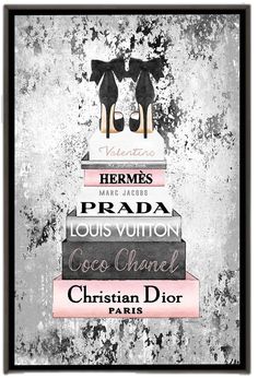 a black and white poster with high heel shoes on top of books that read christian dior