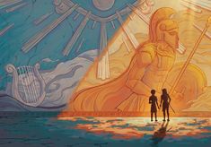 two children are standing in front of a mural with an image of a god and a woman