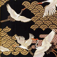 Quality Japanese cotton sheeting fabric features red-crowned cranes, clouds and metallic gold Seigaiha*(Ocean wave) patterns on Black background.  The crane and cloud motifs are outlined in metallic gold paint. This light-medium weight fabric is suitable for quilting, accessories, garments, home decor and various craft project. Materials : 100% cotton  sheeting  Made in Japan Qty 1 = half yard (18" x 43" wide) Qty 2= 1 yard (36" x 43") Qty 3= 1 1/2 yards (54" x 43") Qty 4 = 2 yards (72"x 43") Qty 5 = 2 1/2 yards(90"x43") Qty 6 = 3 yards (108" x 43") In Japan, red-crowned crane(丹頂鶴 Tancho Tsuru) is an auspicious bird and symbolizes longevity and doog fortune. *Traditional Japanese Seigaiha (青海波 Ocean wave) pattern represents the sea's bounty which express the infinite spread. It symbolizes Quilting Accessories, Red Crowned Crane, Crane Fly, Crowned Crane, Metallic Gold Paint, Chinese Pattern, Gold Waves, Japanese Cotton, Ocean Wave