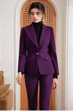 Womens Fashion Suit, Elegant Pant Suits For Women, Women Purple Suit, Suit With Turtle Neck Women, Modern Women Suits, Women's Suits Formal, Purple Classy Outfits, Women Is Suits, Women's Pant Suit