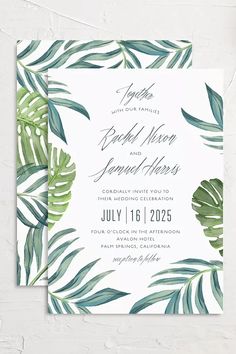 a wedding card with tropical leaves on it