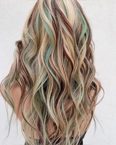 ~ blonde coloured streaks hair beach waves blue brown Hair Dye Inspo For Blondes, Mint Chocolate Chip Hair, Green Hair Streaks Blonde, Blonde With Streaks Of Color, Bleach Highlights On Blonde Hair, Blonde Dyed Hair Ideas, Hair With Colored Streaks, Blue Streaked Hair, Fun Color Highlights For Blondes