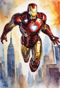 a painting of iron man flying through the air in front of a cityscape