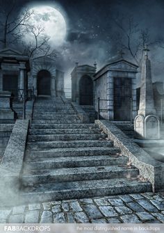 an old cemetery with steps leading up to the tombstones in front of it at night