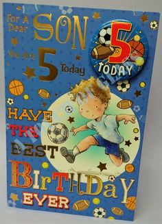 a blue birthday card with an image of a boy on it