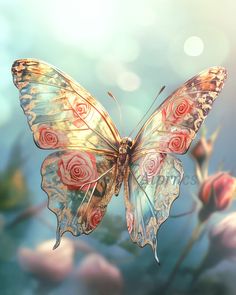 a beautiful butterfly flying over some pink flowers