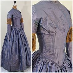 "Victorian blue shot silk dress c.1840. What a lovely color this is! It's a pretty shade of periwinkle blue shot with a pinkish/mauve. The bodice portion of the dress forms a long, very fitted line to just below the natural waist with a deep vee in front. Long fitted sleeves accented with gold fringe, high neckline, closed in the back with hook and eye closures. The interior of the boned bodice and sleeves is lined with chintz. The skirt is very full, gathered with tiny, perfect cartridge pleats 1840s Fashion, Cartridge Pleats, Blue Shots, 1850s Fashion, Historic Clothing, Hoop Skirt, Boned Bodice, Gold Fringe, Evolution Of Fashion