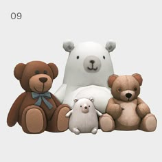 three teddy bears sitting next to each other with the number nine in front of them