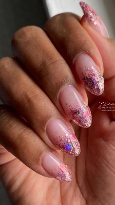 Glitter Nails By Skin Tone Range, Glitter Ombre Nails Almond, 22nd Birthday Nails, Spring Glitter Nails, Ballerina Pink Nails, Pink Sparkle Nails, Pink Sparkly Nails, Sweet 16 Nails, 16 Nails