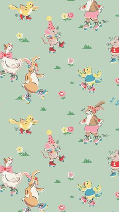 an image of some cartoon animals on a blue background with flowers and birds in the grass