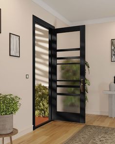 an empty room with a potted plant on the floor and a black door frame