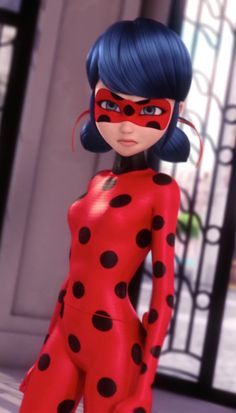 a woman in a red and black polka dot suit with her face painted like a ladybug