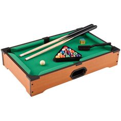 an image of a pool table with cues and balls