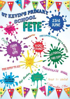 a poster with different colors on it and the words school fete written in various languages