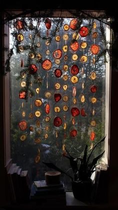 a window covered in lots of different colored glass plates hanging from it's side