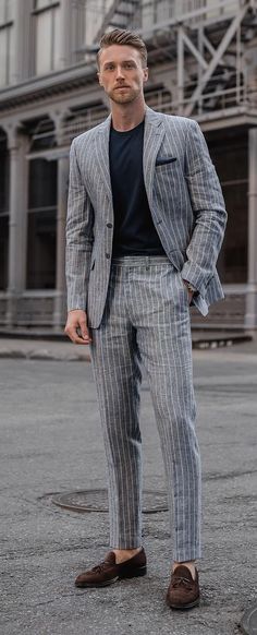 Mens Suits Style Modern Classy Black, Men’s Suit Style 2023, Suits Style For Men, Grey Striped Suit Men, Grey Pinstripe Suit Men, Mix And Match Suits Men, Mens Suits Style Modern Casual, Men Suit Colors, Striped Suits Men