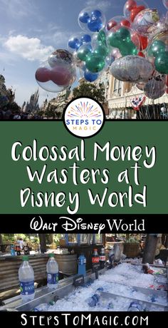 the collage of disney world with balloons and water bottles in it, including an image of