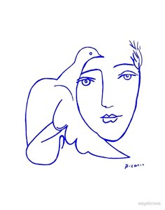 a drawing of a woman's face with birds on her head and the word peace written in blue ink