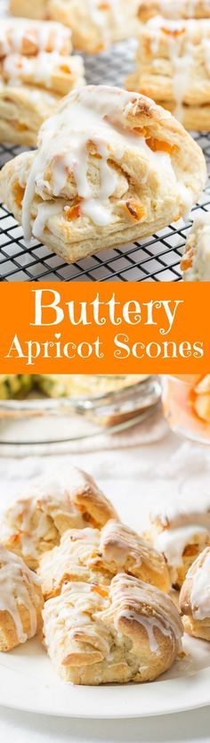 buttery apricot scones with icing on a cooling rack in the background