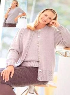 a woman sitting in a chair wearing a sweater and pants