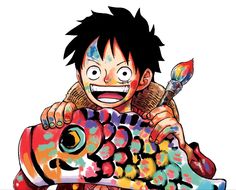 one piece is holding a fish and smiling