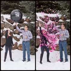 a man and woman are throwing confetti into the air in front of a rock wall