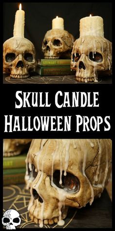 two skulls with candles on top of them and the words skull candle halloween props above it