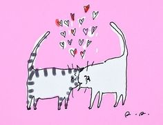 two cats standing next to each other with hearts coming out of their mouths on a pink background