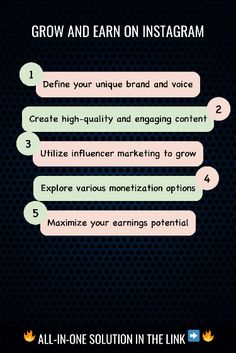 an info sheet with the text grow and earn on instagramm, which is written in