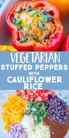 vegetarian stuffed peppers with cauliflower rice in a casserole dish on a plate