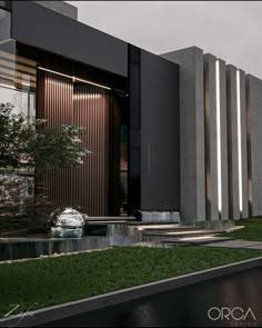 an artistic rendering of a modern building with water and grass in front of it,