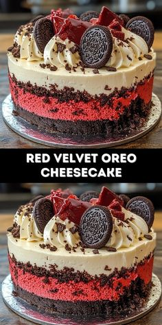 red velvet oreo cheesecake cake with oreo cookies on top and white frosting