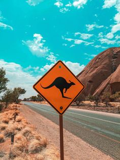 an orange kangaroo crossing sign sitting on the side of a road next to a desert